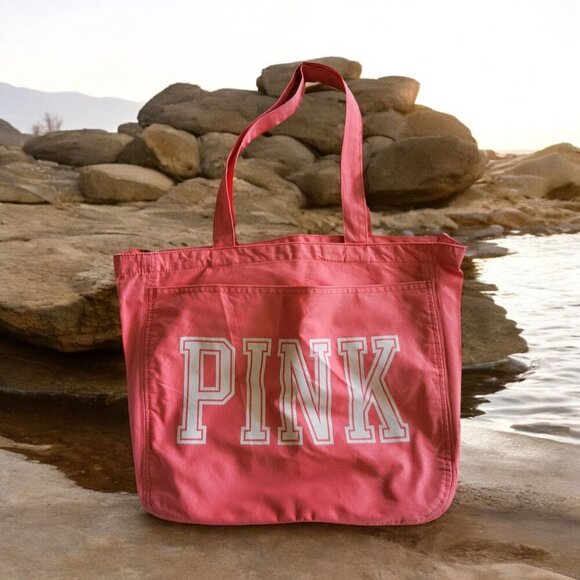 Victoria's Secret Pink Coral Canvas Zipper Tote Dual Handles - Picture 1 of 6